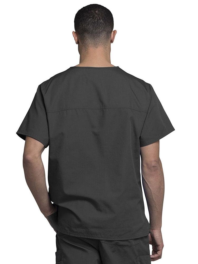 An image of an LPN displaying the back of a Cherokee Workwear Originals Men's Solid V-neck Scrub Top in "Pewter" size Large featuring a center back yoke to provide a complimentary look & feel.