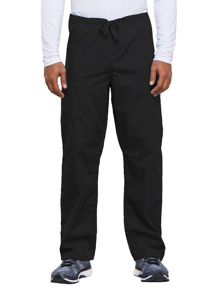 A young male Nurse Practitioner wearing a Cherokee Workwear Originals Unisex Drawstring Cargo Scrub Pant in Black size Medium Short featuring a total of 3 pockets.