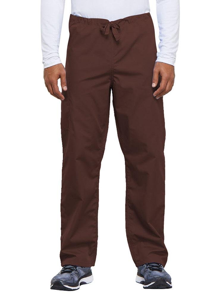 Cherokee Workwear Originals Unisex Drawstring Cargo Scrub Pant in chocolate featuring a straight leg