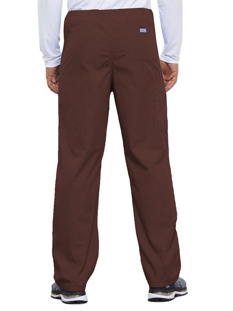 Cherokee Workwear Originals Unisex Drawstring Cargo Scrub Pant in chocolate featuring 1 back pocket