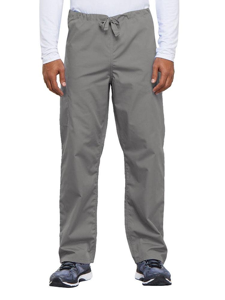 Cherokee Workwear Originals Unisex Drawstring Cargo Scrub Pant in grey featuring a cell phone pocket