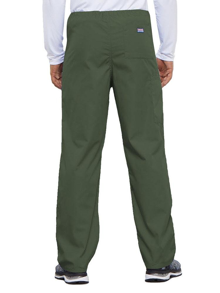 A young male Physical Therapist wearing a Cherokee Workwear Originals Unisex Drawstring Cargo Scrub Pant in Olive featuring 1 back pocket.