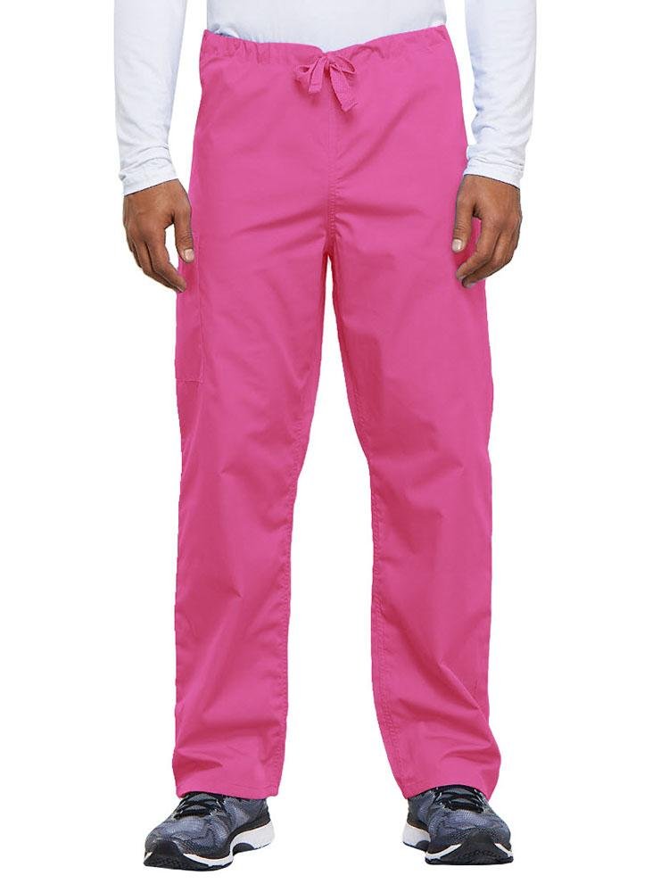 Cherokee Workwear Originals Unisex Drawstring Cargo Scrub Pant in shocking pink featuring a cargo pocket