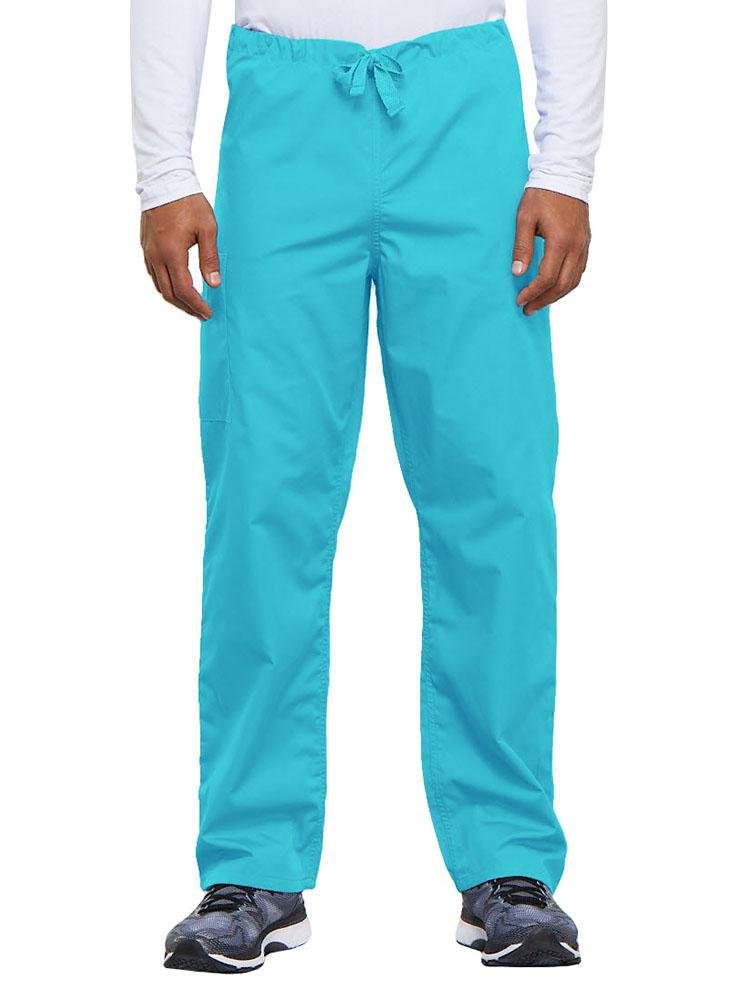 Cherokee Workwear Originals Unisex Drawstring Cargo Scrub Pant in turquoise featuring cotton poplin fabric with soil release