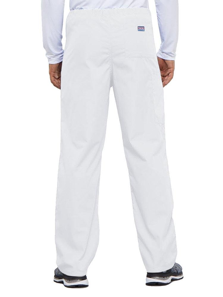 A young male Physical Therapist wearing a Cherokee Workwear Originals Unisex Drawstring Cargo Scrub Pant in White featuring 1 back pocket.