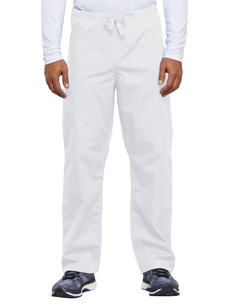 A young male Nurse Practitioner wearing a Cherokee Workwear Originals Unisex Drawstring Cargo Scrub Pant in White size Medium Short featuring a total of 3 pockets.