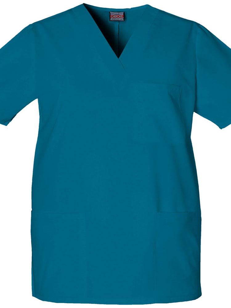 A frontward facing image of the Cherokee Workwear Originals Unisex Multi-Pocketed V-Neck Scrub Top in Caribbean featuring a total of 3 pockets.