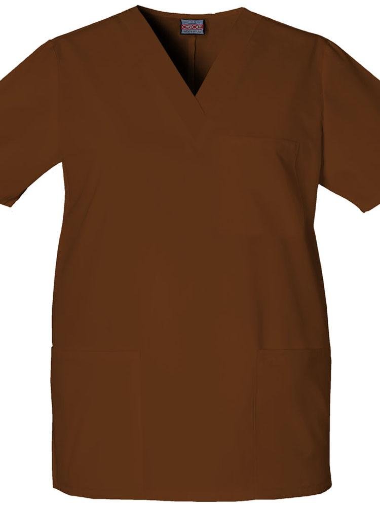 A frontward facing image of a Cherokee Workwear Originals Unisex Multi-Pocketed V-neck Scrub Top in Chocolate size XL featuring side slits for additional mobility throughout the day.
