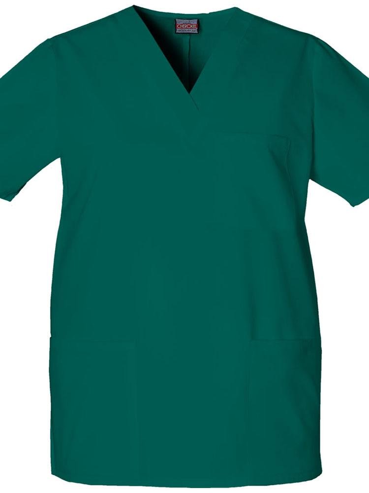 A frontward facing image of a Cherokee Workwear Originals Unisex Multi-Pocket V-neck Scrub Top in Hunter Green size 3XL featuring 2 front patch pockets.