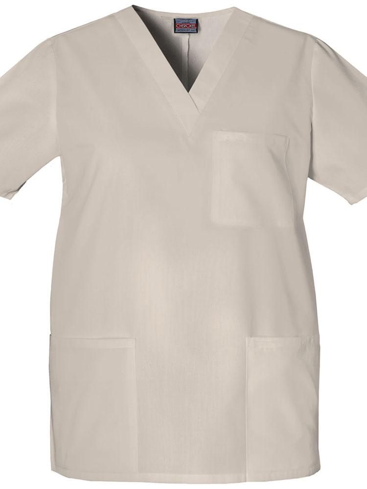 A frontward facing image of the Cherokee Workwear Originals Unisex Multi-Pocketed V-neck Scrub Top in Khaki size XL featuring side slits for additional mobility throughout the day.