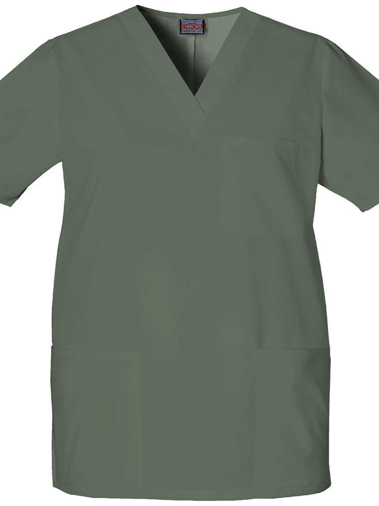 A frontward facing image of the a Cherokee Workwear Originals Unisex Multi-Pocketed V-neck Scrub Top in Olive size XL featuring side slits for additional mobility throughout the day.