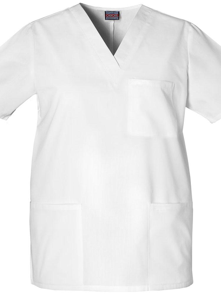 A frontward facing picture of a Cherokee Workwear Originals Unisex Multi-Pocketed V-neck Scrub Top in White size XL featuring side slits for additional mobility throughout the day.