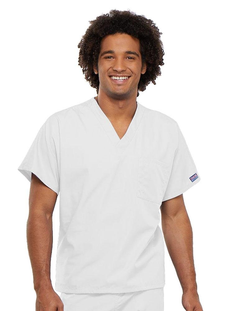 A young male PTA (physical Therapy Assistant) wearing a Cherokee Workwear Originals Unisex Single Pocket V-neck Scrub Top in White size 3XL featuring short sleeves.