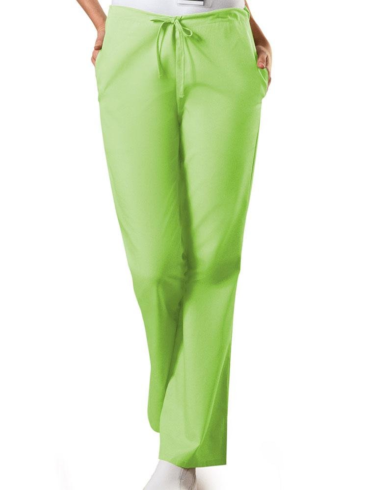 Cherokee Workwear Originals Women's Drawstring Flare Leg Scrub Pant in lime green featuring machine washable fabric