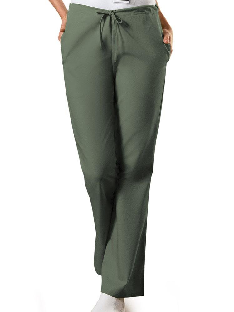 A young female Medical Assistant wearing a Cherokee Workwear Originals Women's Drawstring Flare Leg Scrub Pant in Olive size XS Petite featuring an adjustable drawstring waist.