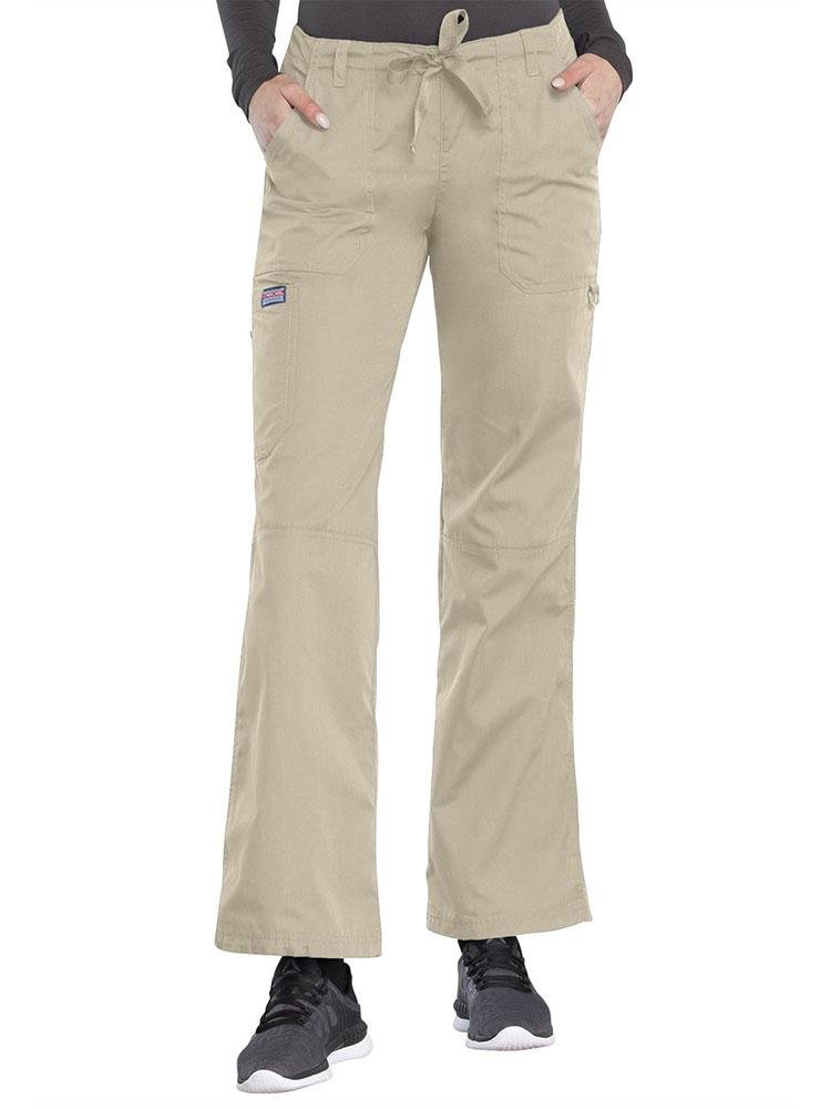 Cherokee Workwear Originals Women's Low-Rise Drawstring Scrub Pant in khaki featuring drawstring pant with an elastic waist