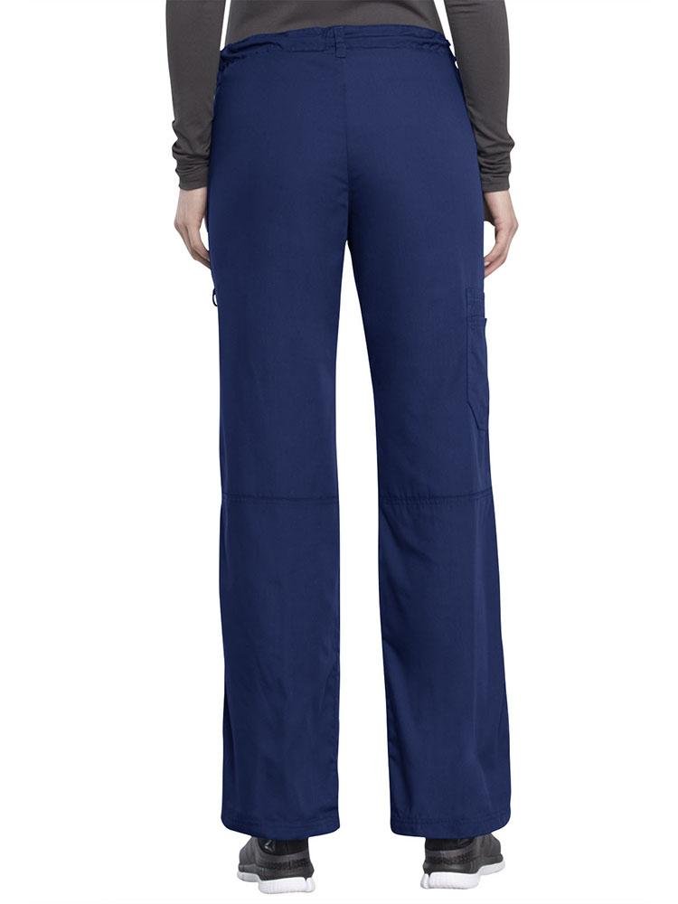 An image of the back of the Cherokee Workwear Originals Women's Low-Rise Drawstring Scrub Pant in Navy size XS Petite featuring 1 cargo pocket on the wearer's right side.