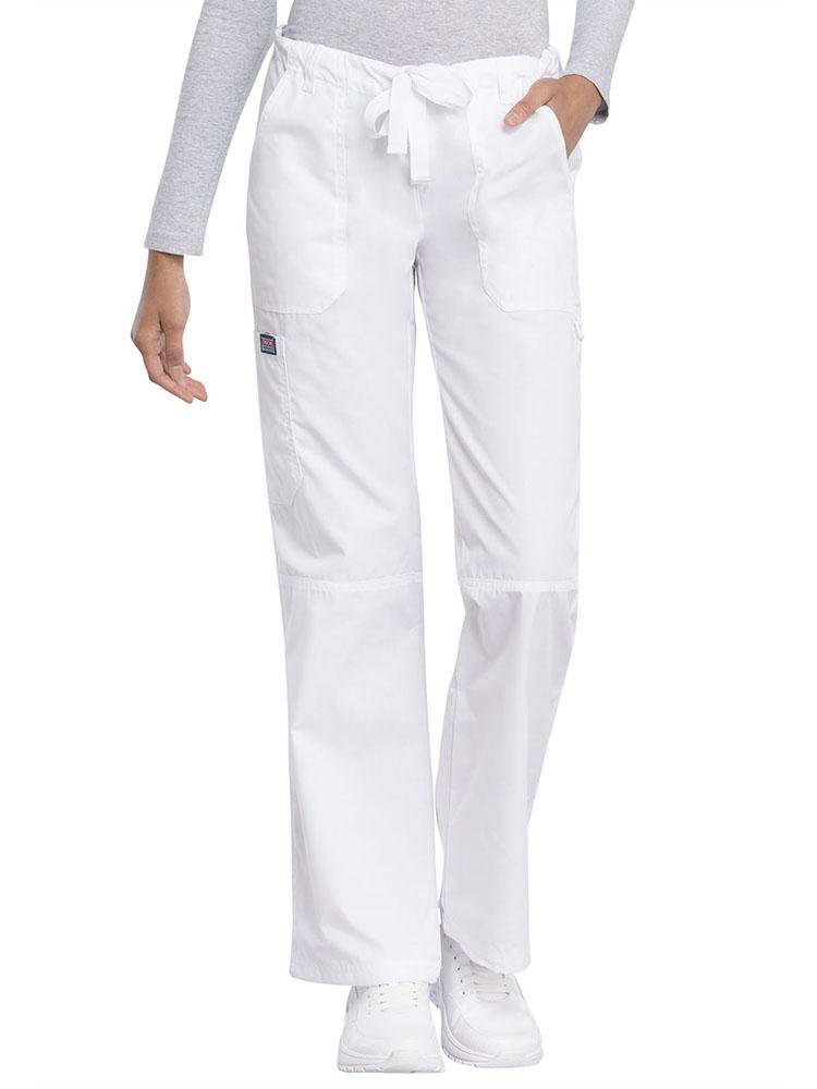 Cherokee Workwear Originals Women's Low-Rise Drawstring Scrub Pant in white featuring a D-ring on the left pocket
