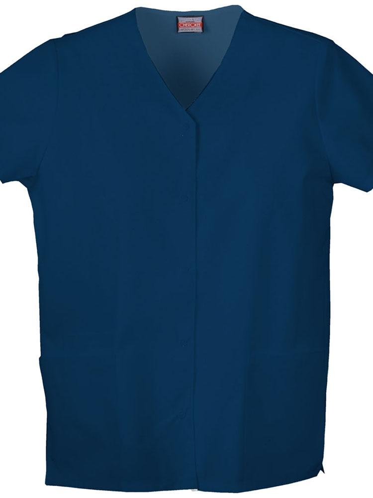 An image of the front of a Cherokee Workwear Originals Women's Snap Front Scrub Top in Navy size 4XL featuring 2 front patch pockets.