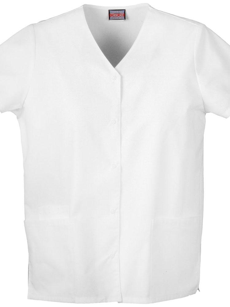 An image of the front of a Cherokee Workwear Originals Women's Snap Front Scrub Top in White size 4XL featuring 2 front patch pockets.