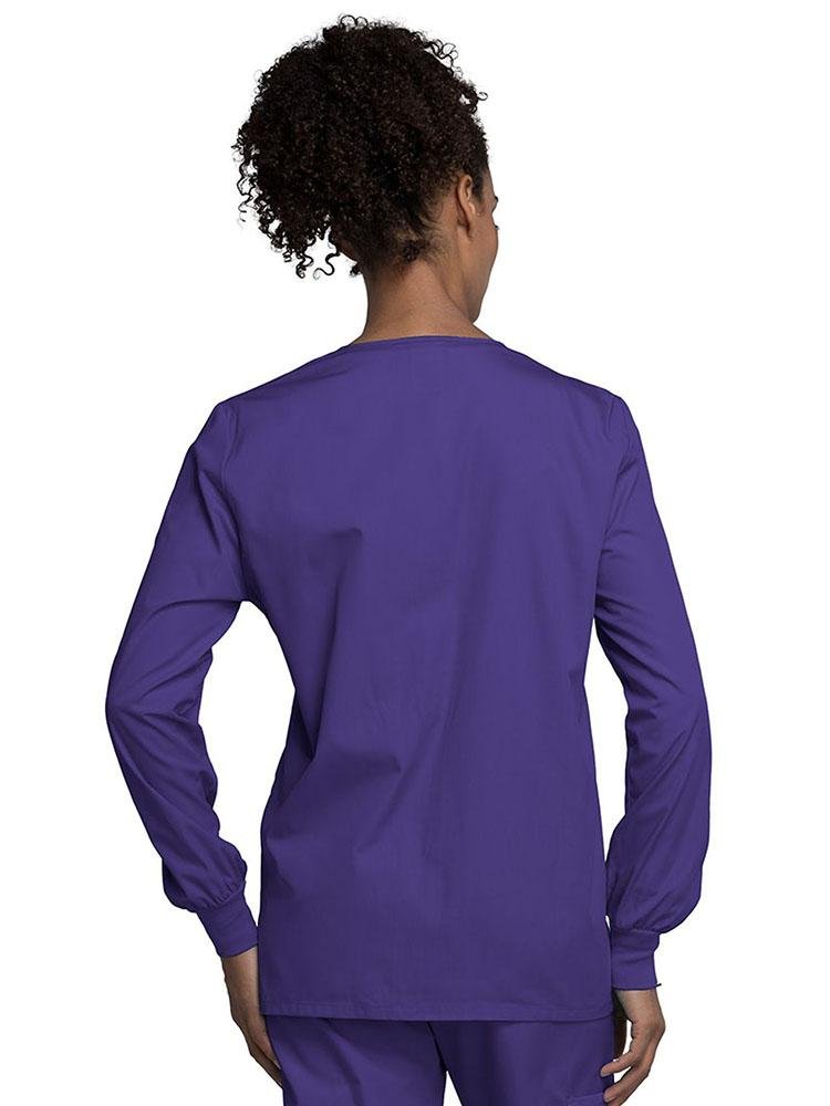 A view of the back of the Cherokee Workwear Originals Women's Snap Front Warm-Up Jacket in Grape style 4350 featuring a center back length of approximately 27.5".