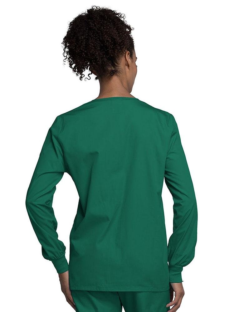 A view of the back of the Cherokee Workwear Originals Women's Snap Front Warm-Up Jacket in Hunter style 4350 featuring a center back length of approximately 27.5".