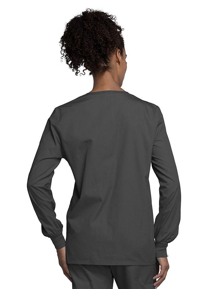 A view of the back of the Cherokee Workwear Originals Women's Snap Front Warm-Up Jacket in Pewter style 4350 featuring a center back length of approximately 27.5".