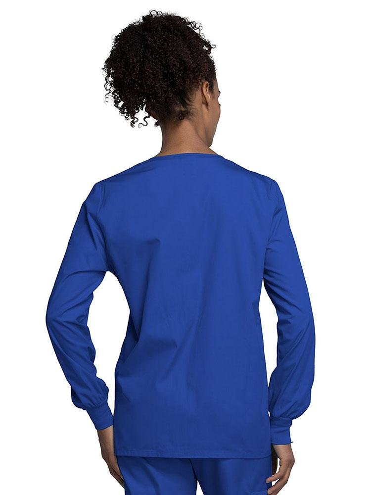 A view of the back of the Cherokee Workwear Originals Women's Snap Front Warm-Up Jacket in Royal style 4350 featuring a center back length of approximately 27.5".