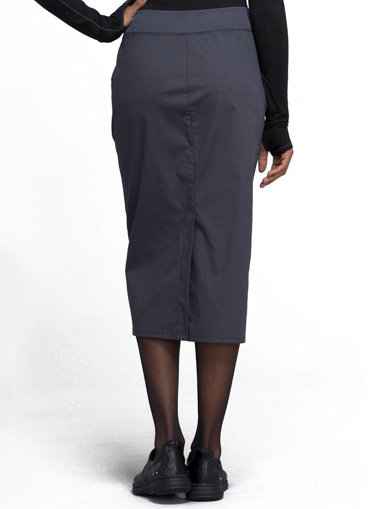 Back view of Radiologist wearing Cherokee Worwear Professionals women's 30" Knit Waistband Scrub Skirt  in pewter size 4X