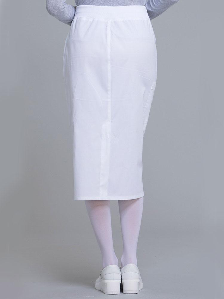 Back view of Respiratory Therapist wearing Cherokee Worwear Professionals women's 30" Knit Waistband Scrub Skirt  in white size 3X