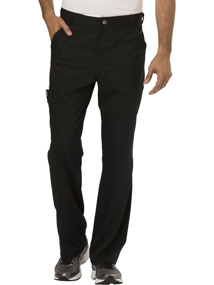A young male MRI Tech wearing a Cherokee Workwear Revolution Men's Drawstring Cargo Scrub Pant in Black size XXL featuring a functional interior drawstring.