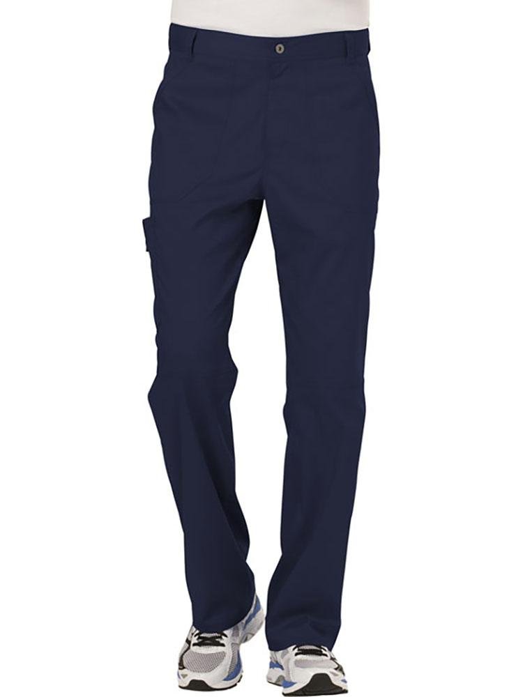 A young male Sonographer wearing a Cherokee Workwear Revolution Men's Drawstring Cargo Scrub Pant in Navy size XXL featuring a functional interior drawstring.