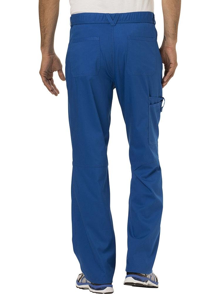 A young Male LPN displaying the back of a Cherokee Workwear Revolution Men's Drawstring Cargo Scrub Pant in Royal Blue size small featuring 5 belt loops to provide a professional all day look & feel.