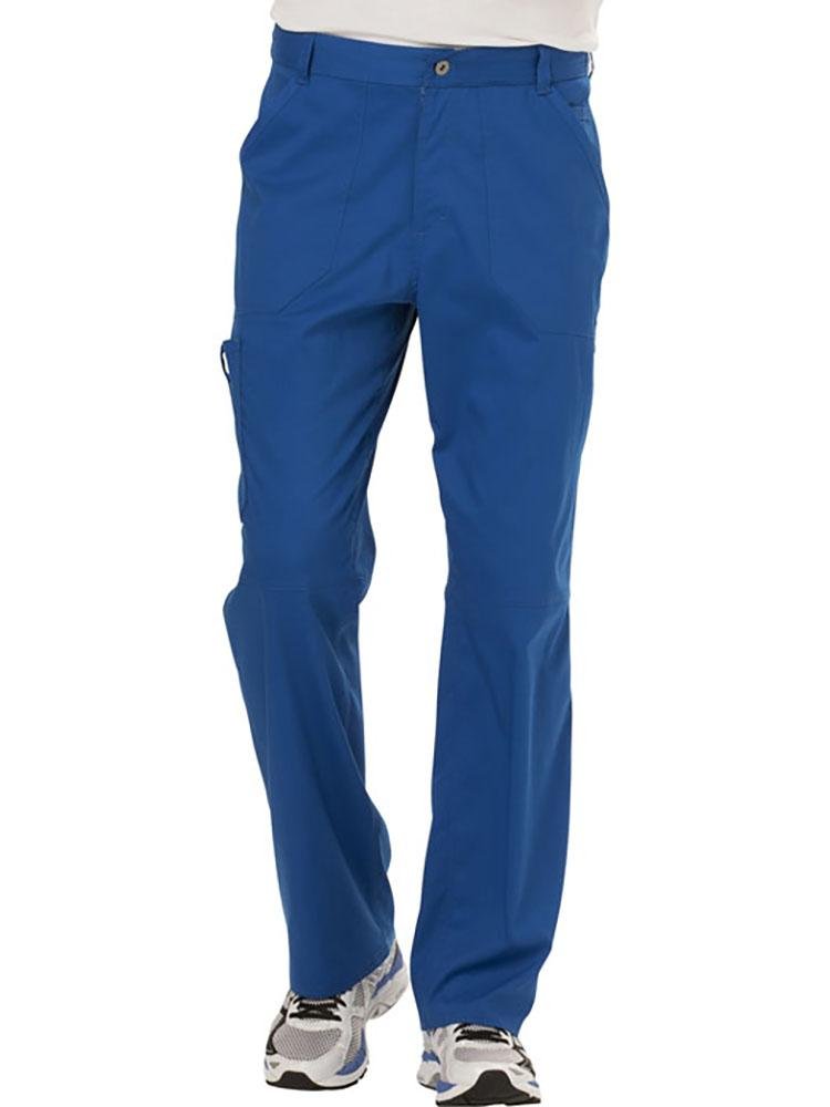 A young male Physician wearing a Cherokee Workwear Revolution Men's Drawstring Cargo Scrub Pant in Royal size XXL featuring a functional interior drawstring.