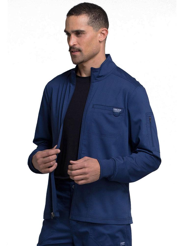 Anesthesiologist wearing Cherokee Workwear Revolution men's Zip Front Scrub Jacket in navy size small