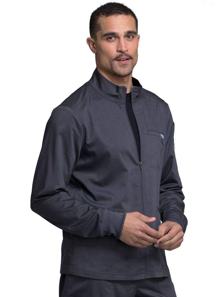 Gynecologist wearing Cherokee Workwear Revolution men's Zip Front Scrub Jacket in pewter size extra large