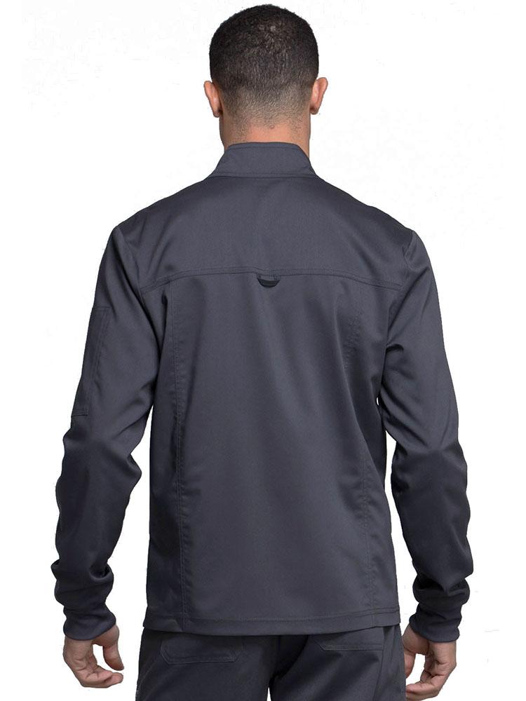 Obstetrician wearing Cherokee Workwear Revolution men's Zip Front Scrub Jacket in pewter size large