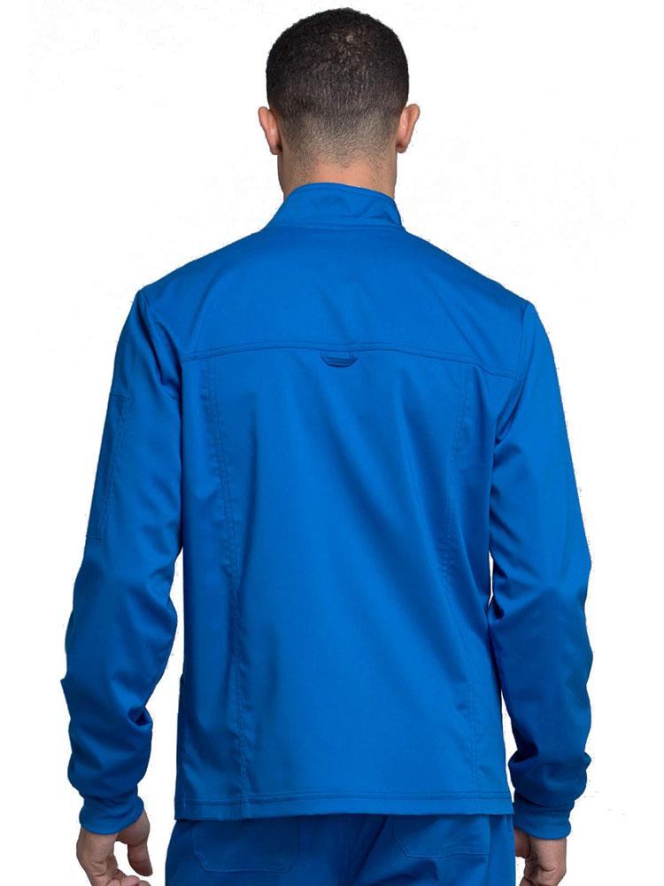 Back view of Podiatrist wearing Cherokee Workwear Revolution men's Zip Front Scrub Jacket in royal size small