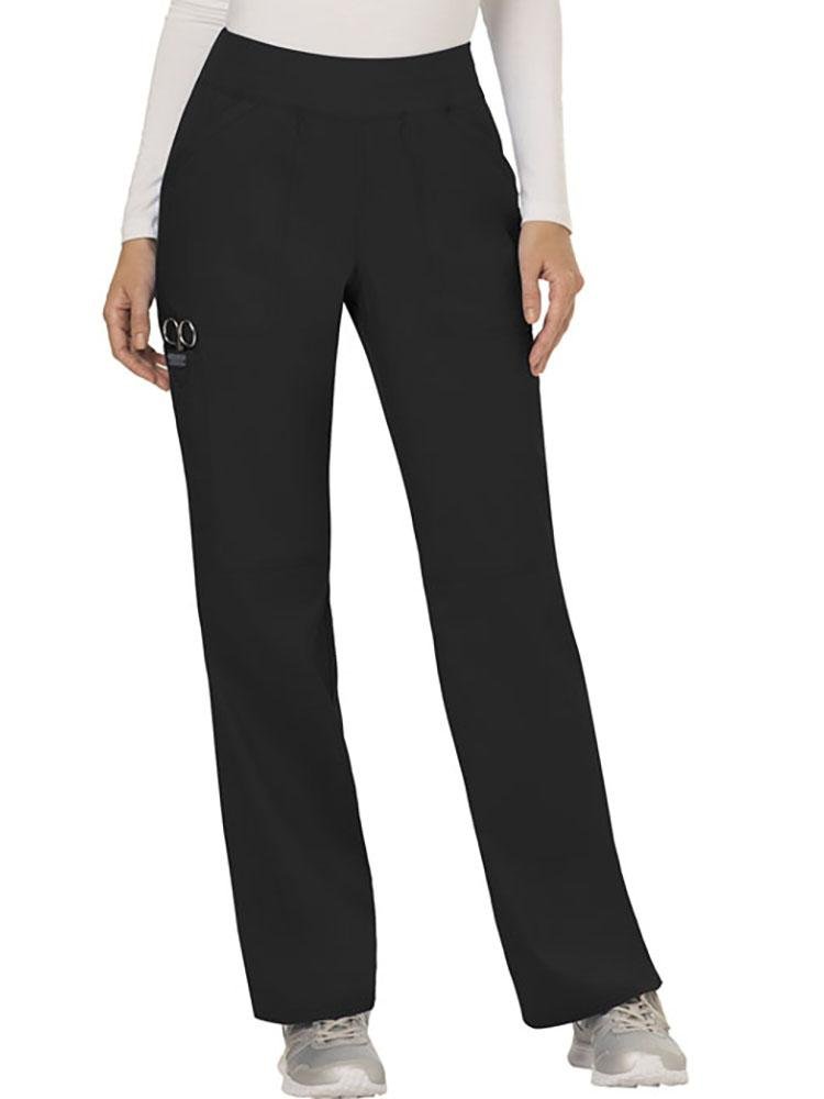 A young female Nurse wearing Cherokee Workwear Revolution women's Elastic Waistband  Pull-On Scrub Pant in black size extra extra small.