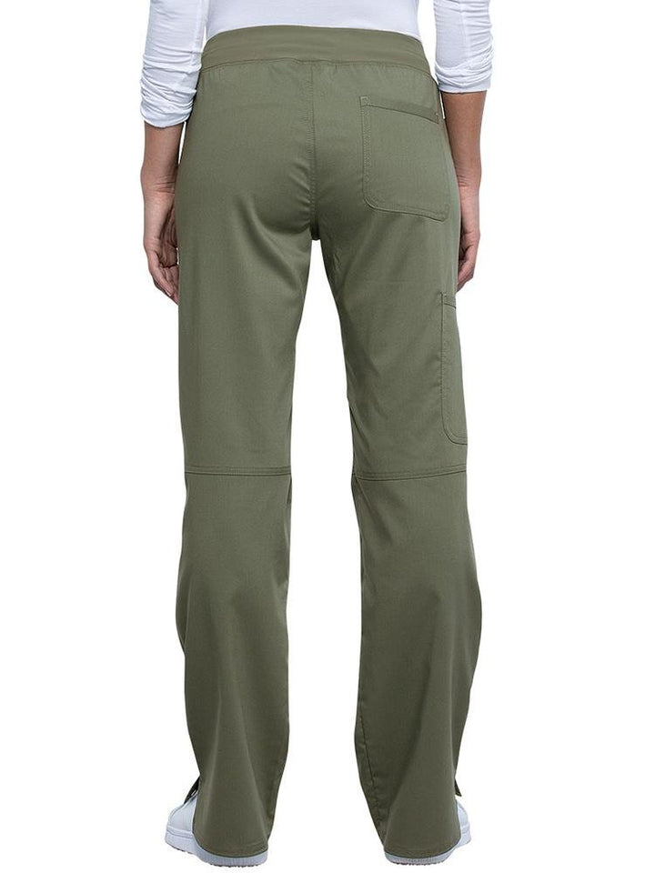 Back view of Medical Assistant wearing Cherokee Workwear Revolution women's Elastic Waistband  Pull-On Scrub Pant in olive size extra extra small