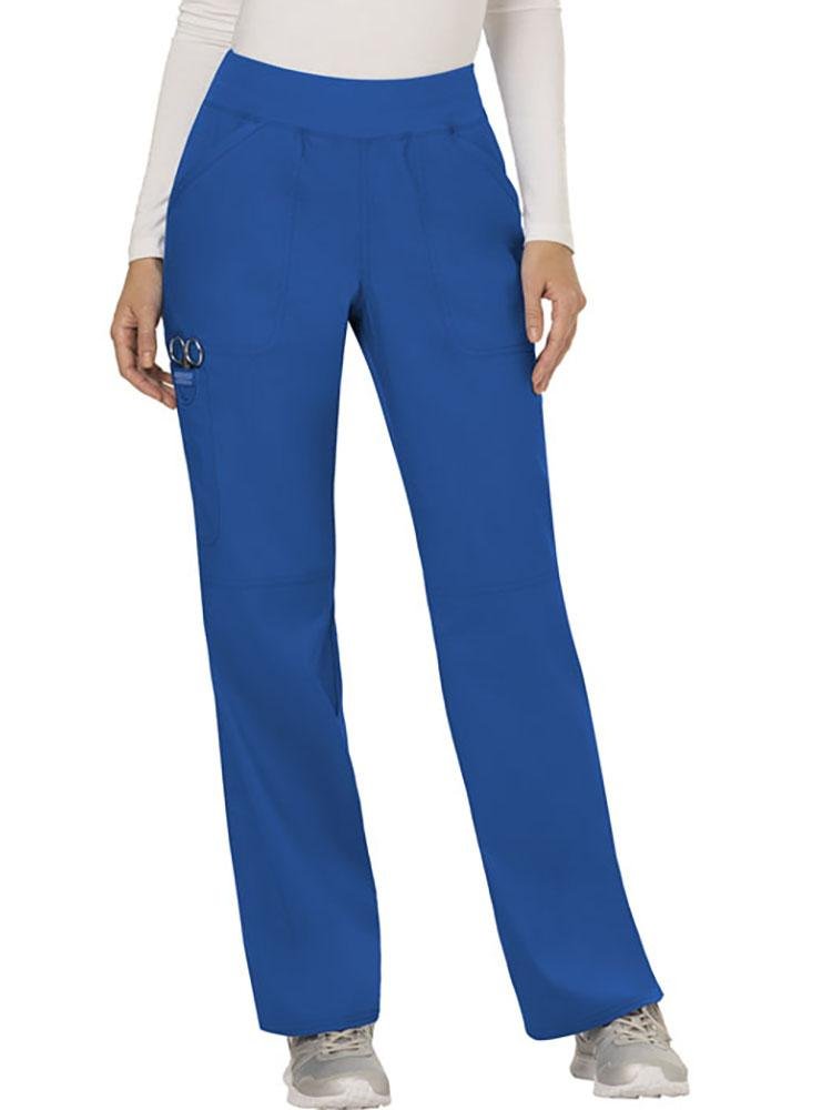 A young female Radiologist wearing Cherokee Workwear Revolution women's Elastic Waistband Pull-On Scrub Pant in Royal Blue size extra extra small.