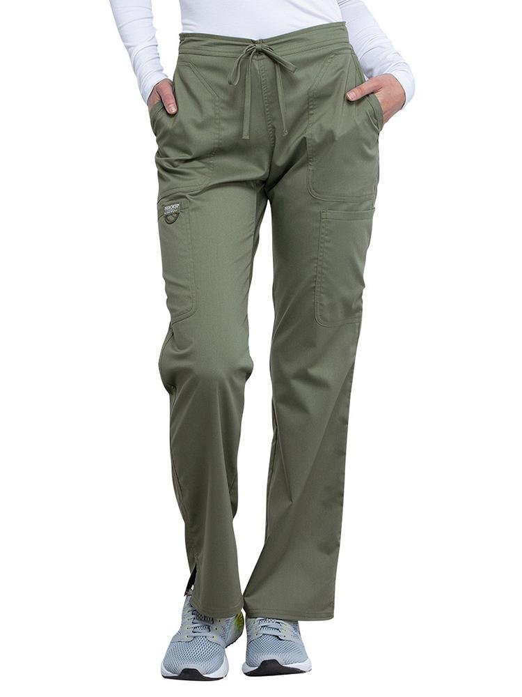 MRI Tech wearing Cherokee Workwear Revolution women's Mid Rise Moderate Flare Scrub Pant in olive size medium tall