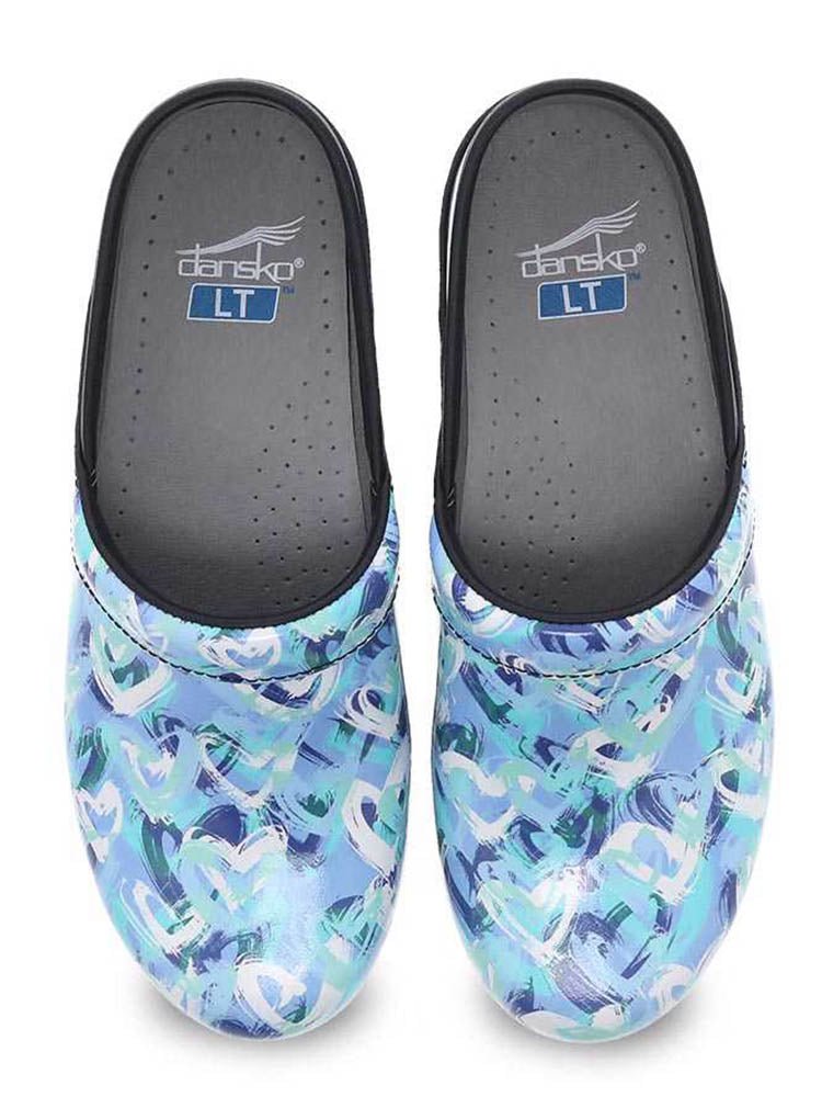 A new pair of LT Pro Nurse Shoes from Dansko in Blue Heart Patent with a removable footbed.