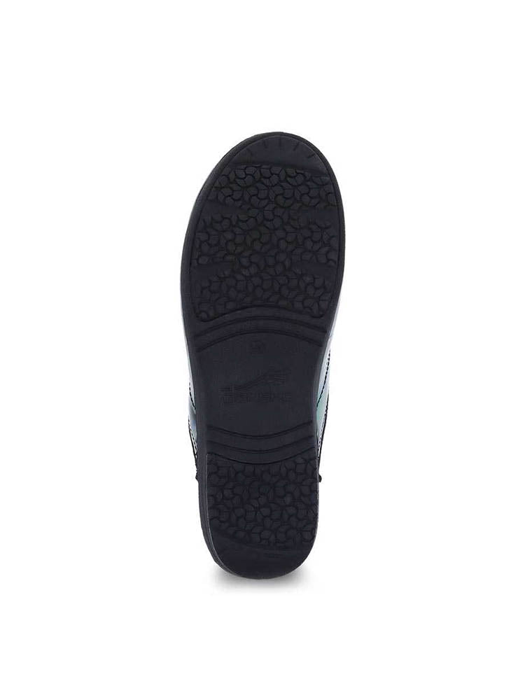 A single Dansko XP 2.0 Nurse Shoe in Silver Pearl Patent featuring a Patented slip-resistant rubber outsole. Suitable for dry, wet, & oily surfaces.