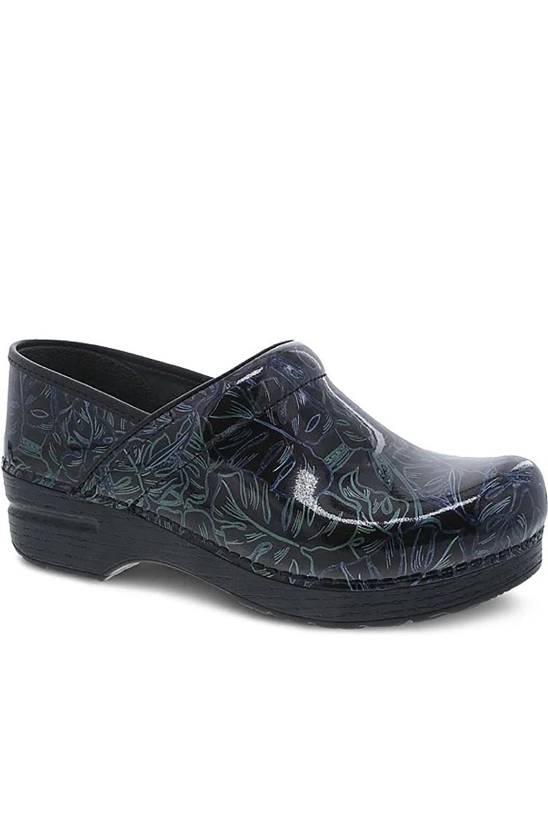 A side view of the Dansko Professional Nurse's Shoe in "Tropical Leaf Patent" featuring a reinforced toe box and padded instep collar for a comfortable fit.