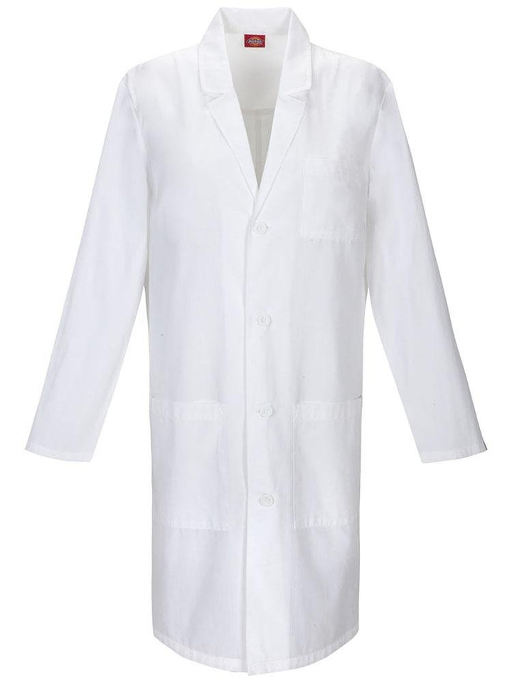 A frontward facing image of the Dickies Unisex EDS Signature 40" Lab Coat in White size Medium featuring a total of 3 pockets for all you on the job storage needs.