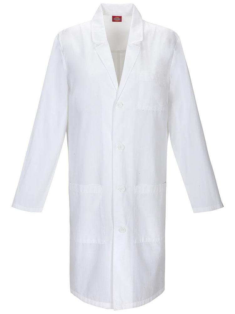 A frontward facing image of the Dickies Unisex EDS Signature 40" Lab Coat in White size Medium featuring a total of 3 pockets for all you on the job storage needs.