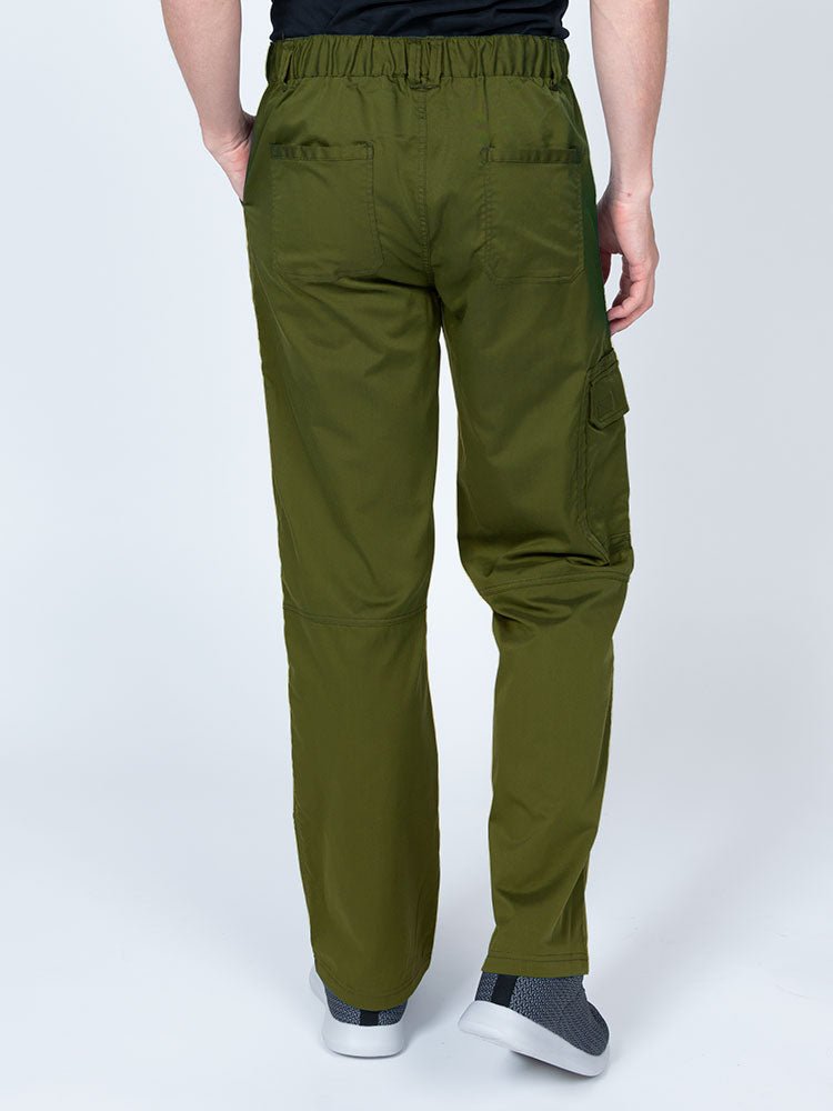 Male nurse wearing an Epic by MedWorks Men's Button Front Scrub Pant in olivewith 2 back pockets.