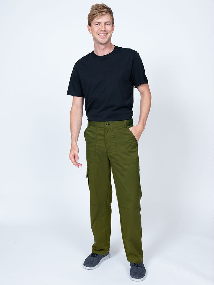 Male nurse practitioner wearing The Men's Button Front Scrub Pant from Epic by MedWorks in olive.