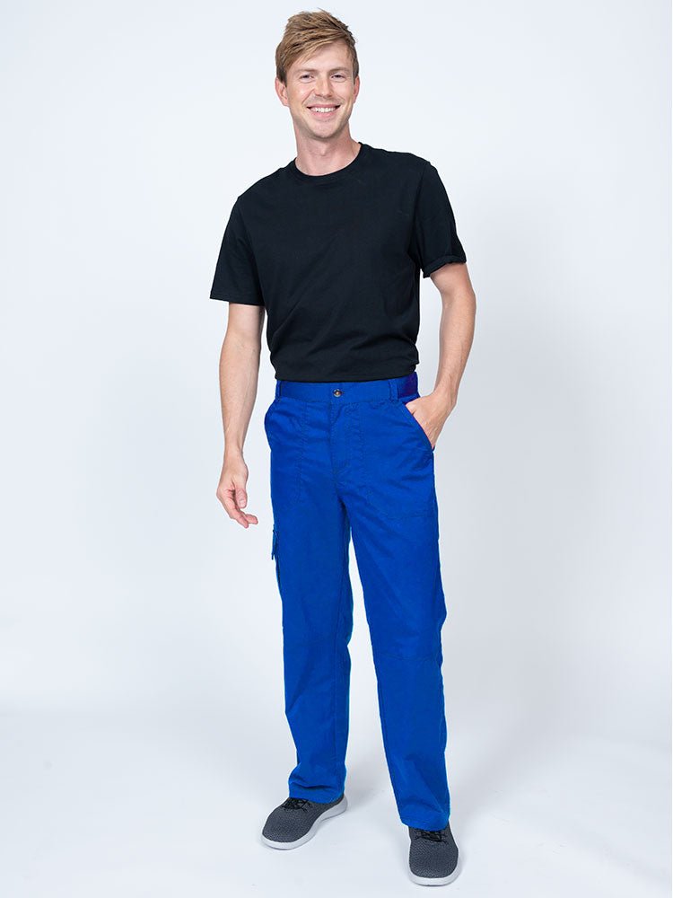 Male nurse practitioner wearing The Men's Button Front Scrub Pant from Epic by MedWorks in royal.